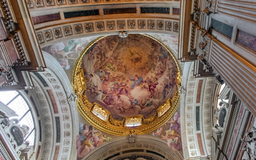 Brancacci Chapels ceiling fresco with intricate religious artwork and golden architectural details.
