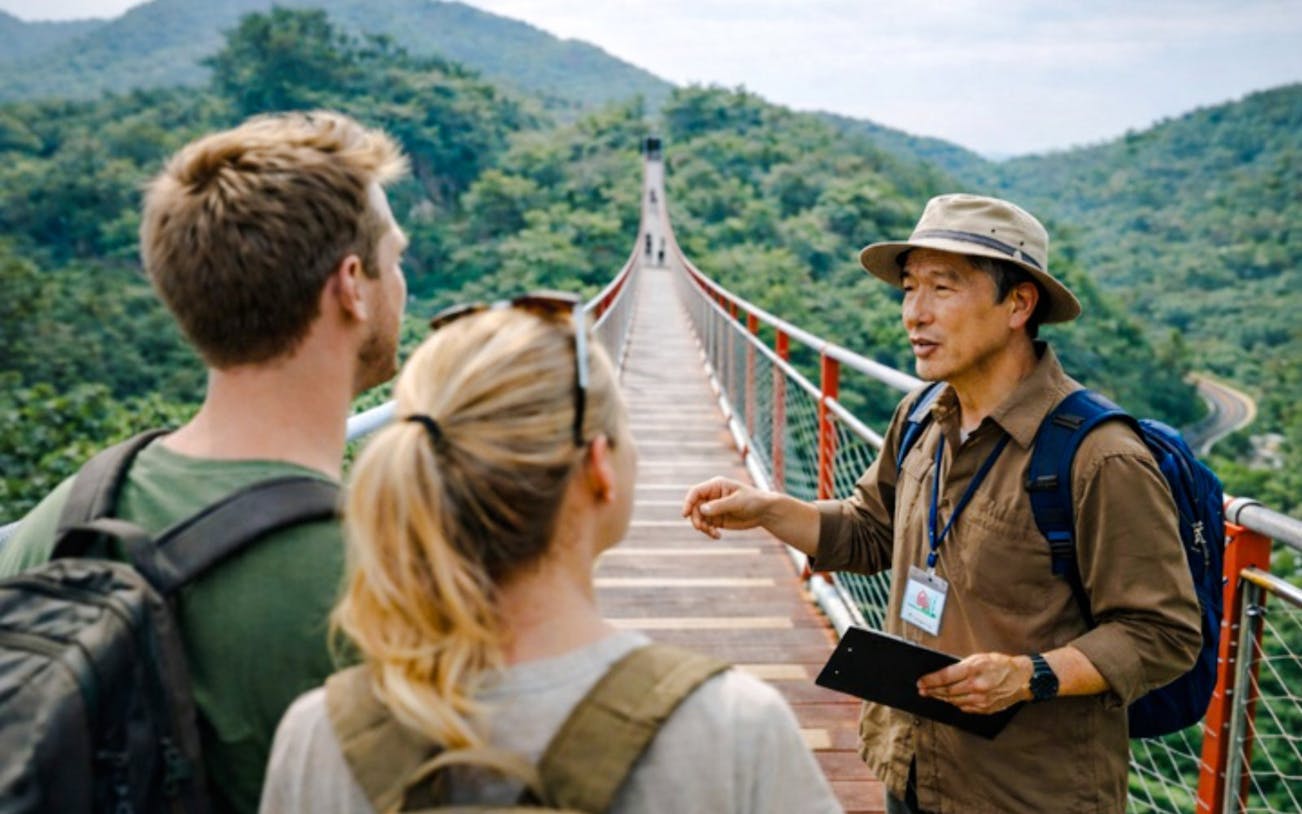 Private guide explaining DMZ Tour to visitors on a bridge with lush hills in the background.