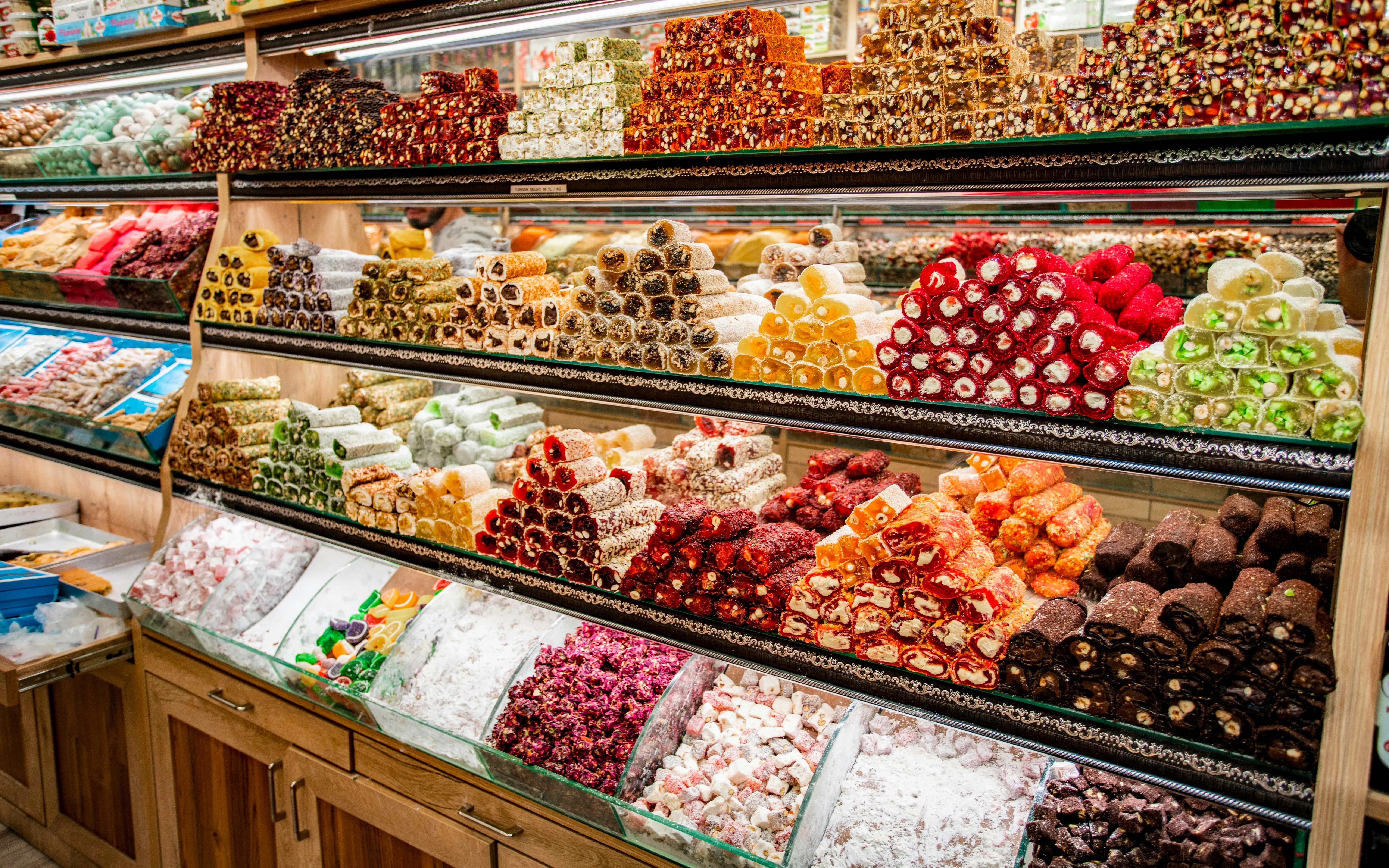 Assorted Turkish delight displayed in a shop in Turkey.