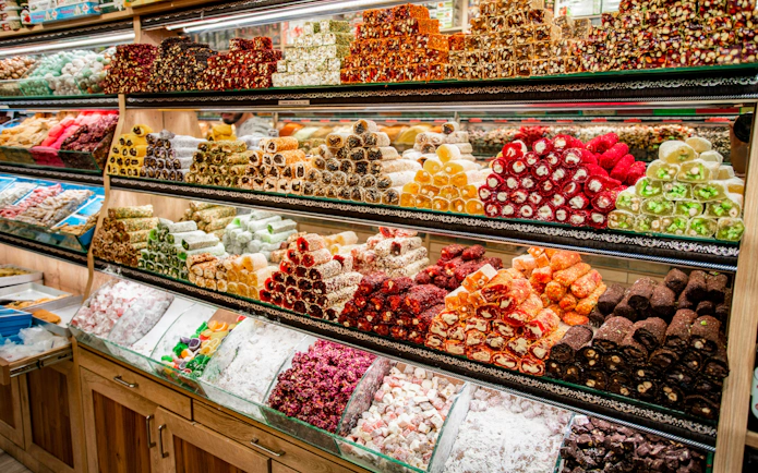 Assorted Turkish delight displayed in a shop in Turkey.