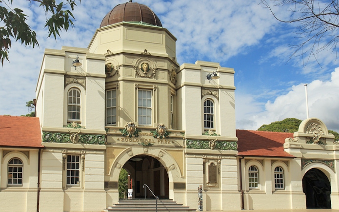 Entrance to Taronga Zoo in Sydney with historic architecture.