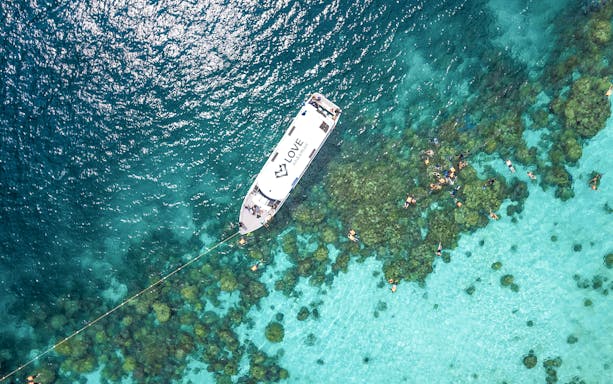 Speedboat anchored near coral reef with snorkelers, Surin Island day trip, Phuket.