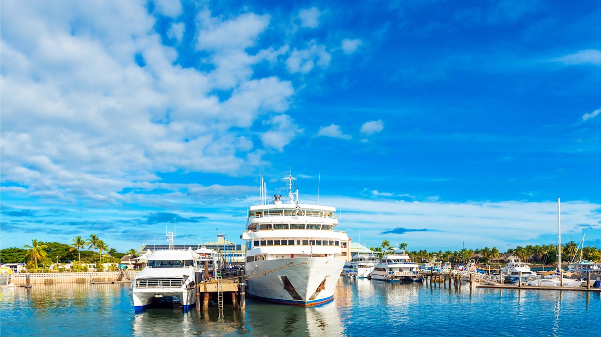 Boats docked at Denarau port in Nadi, Fiji, with clear blue skies.