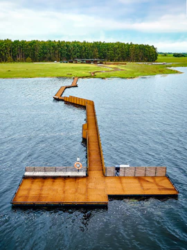 Floating walkway over water at Budj Bim Cultural Landscape, surrounded by greenery and trees.