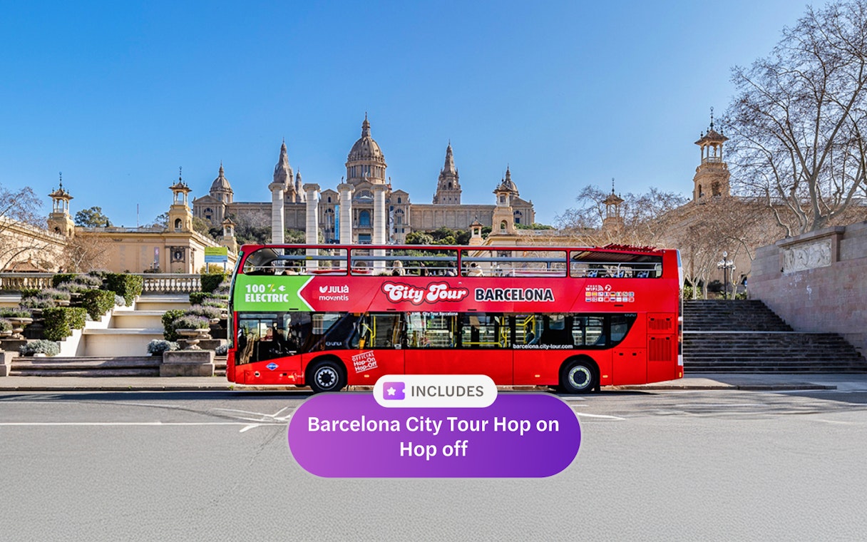 Barcelona hop-on hop-off bus in front of the National Art Museum of Catalonia.