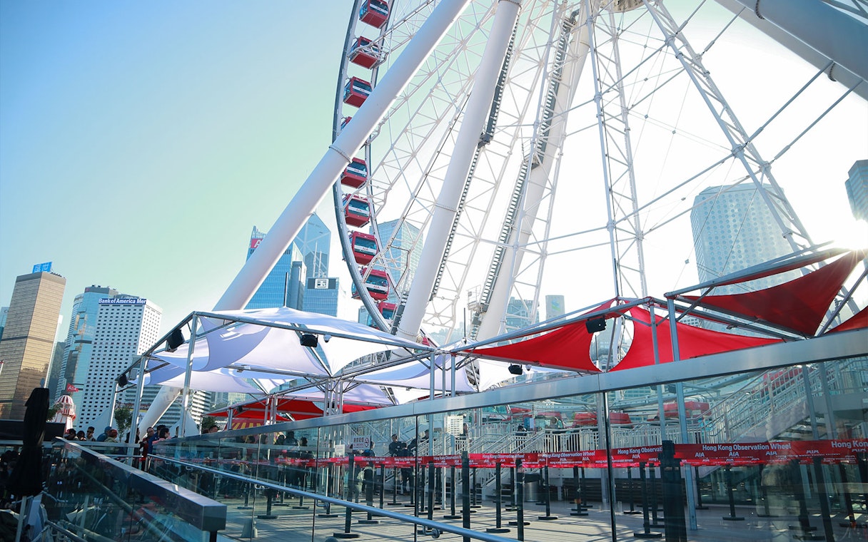 Hong Kong Observation Wheel with city skyline in the background.