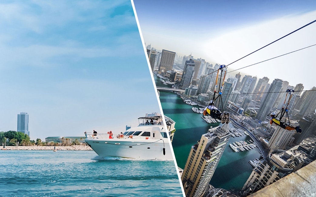 Yacht cruising and ziplining over Dubai Marina skyline.