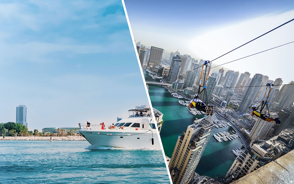 Yacht cruising and ziplining over Dubai Marina skyline.