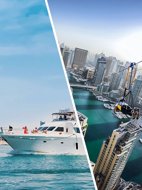 Yacht cruising and ziplining over Dubai Marina skyline.