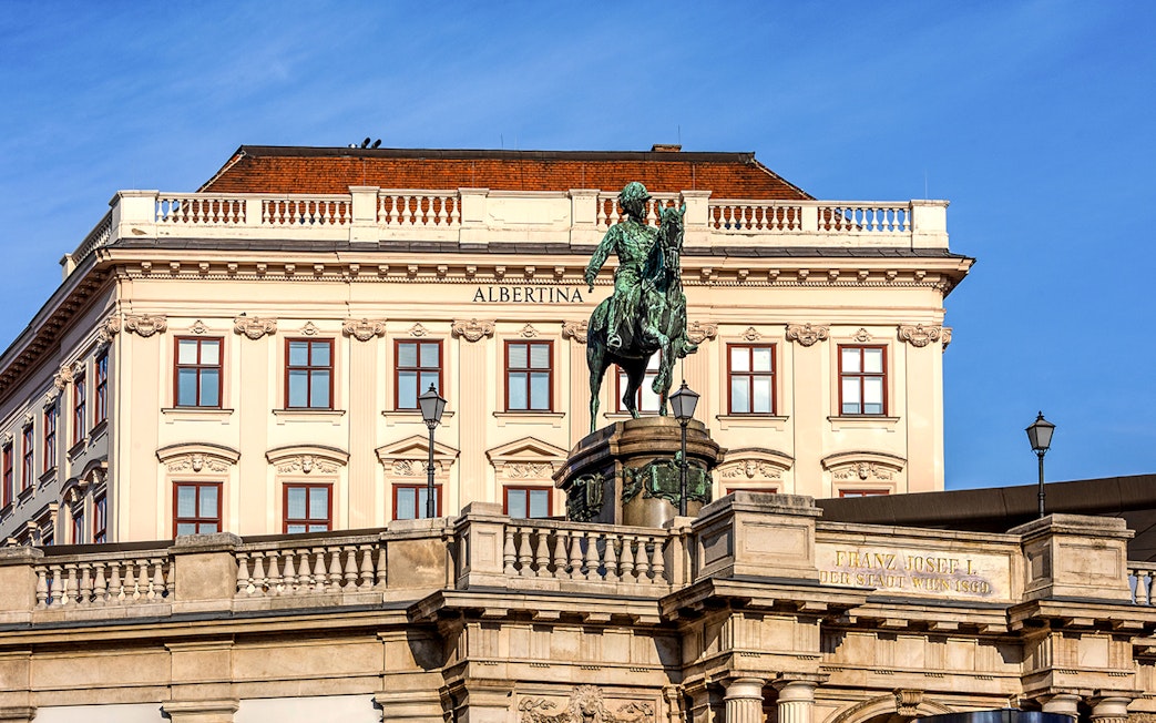 Albertina Museum front view with equestrian statue, Vienna.