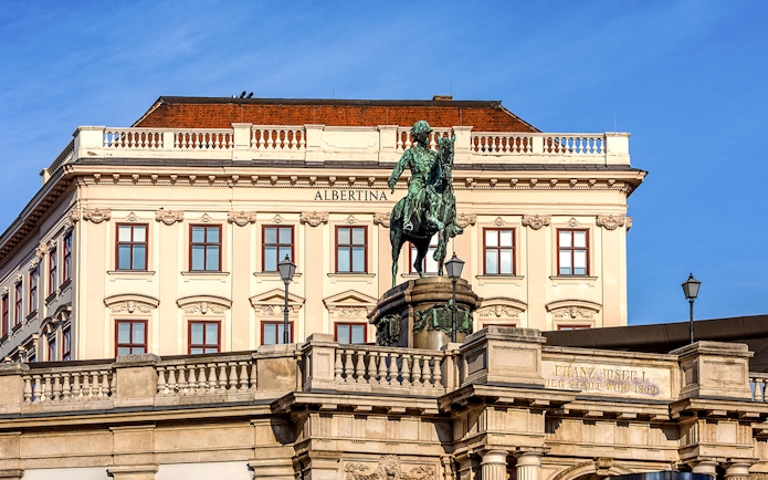 Albertina Museum front view with equestrian statue, Vienna.