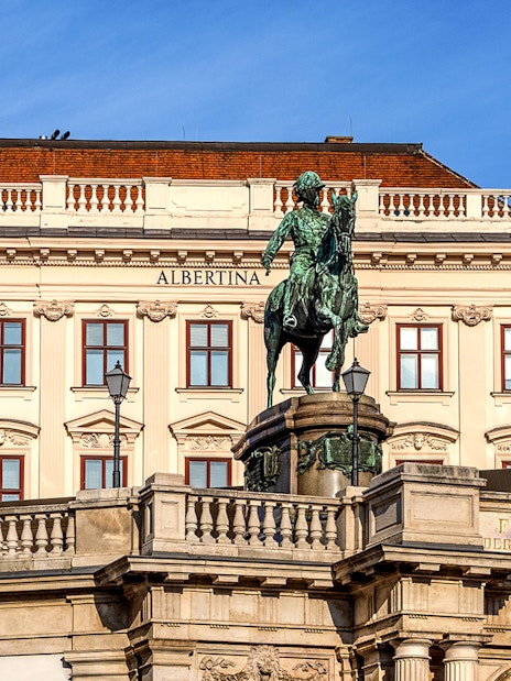 Albertina Museum front view with equestrian statue, Vienna.