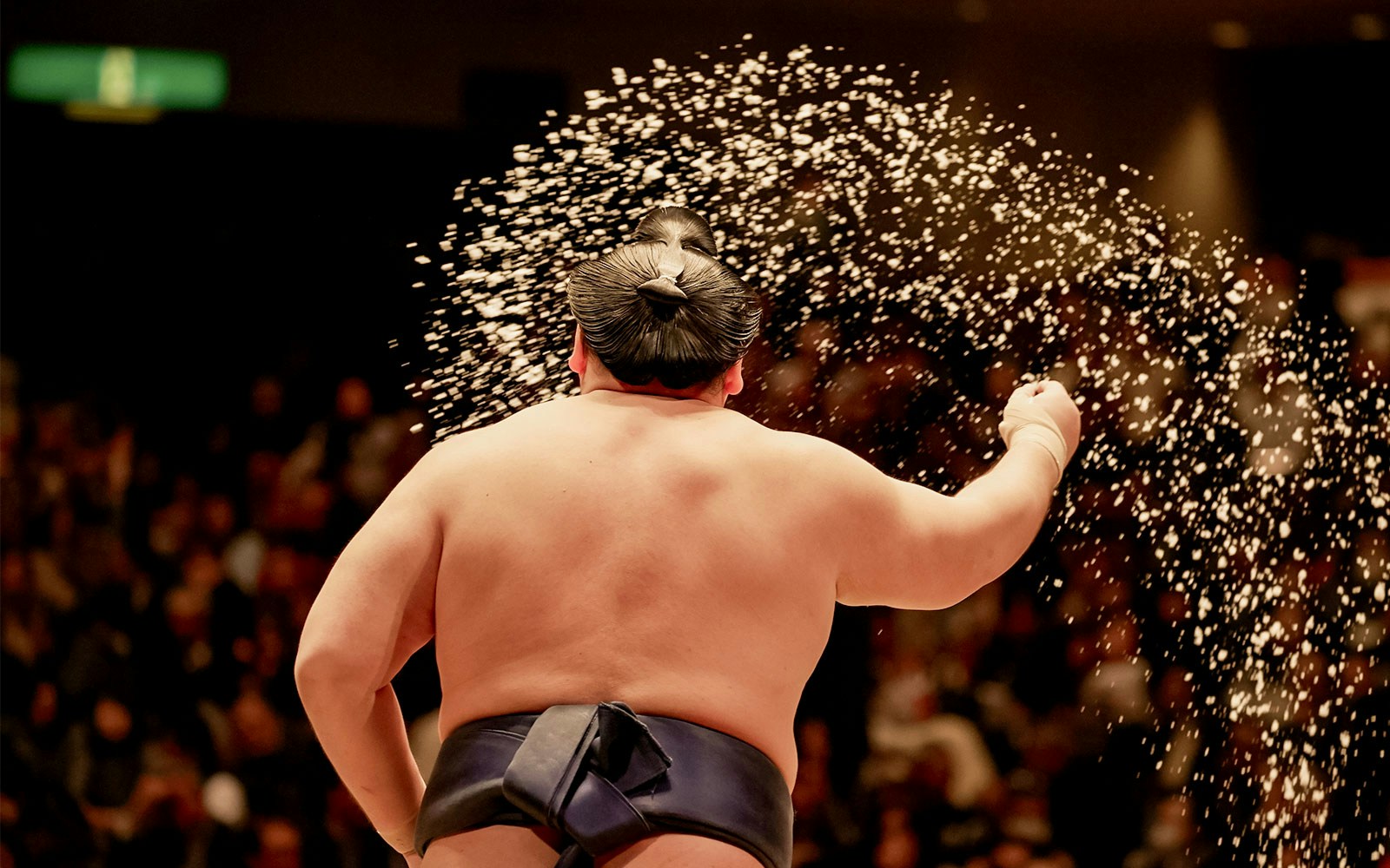 Sumo wrestler performing ritual at Tokyo tournament.