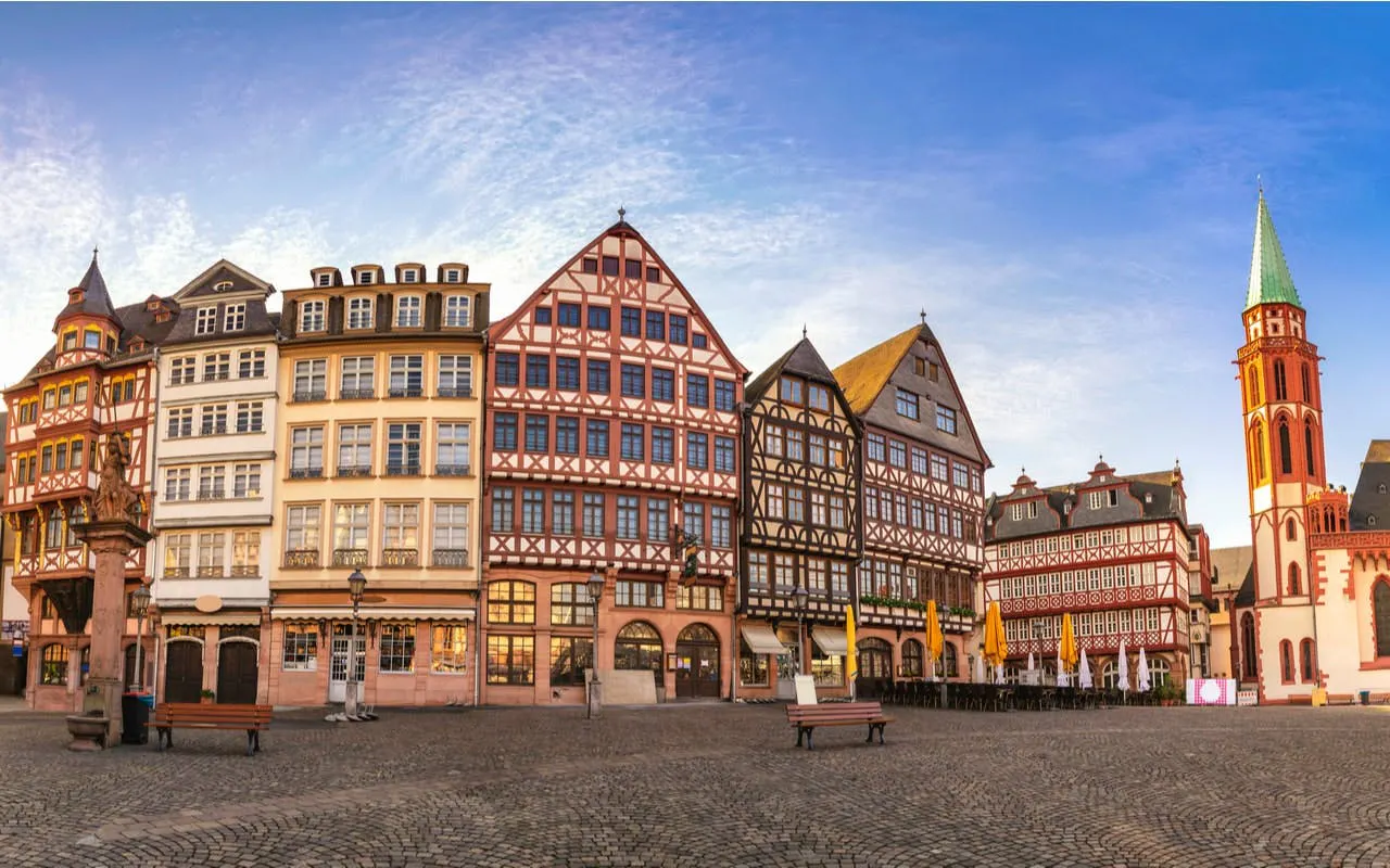 Half-timbered buildings in Old Town Frankfurt during a self-guided city exploration game.