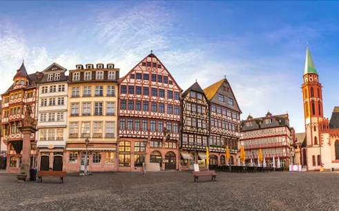 Half-timbered buildings in Old Town Frankfurt during a self-guided city exploration game.