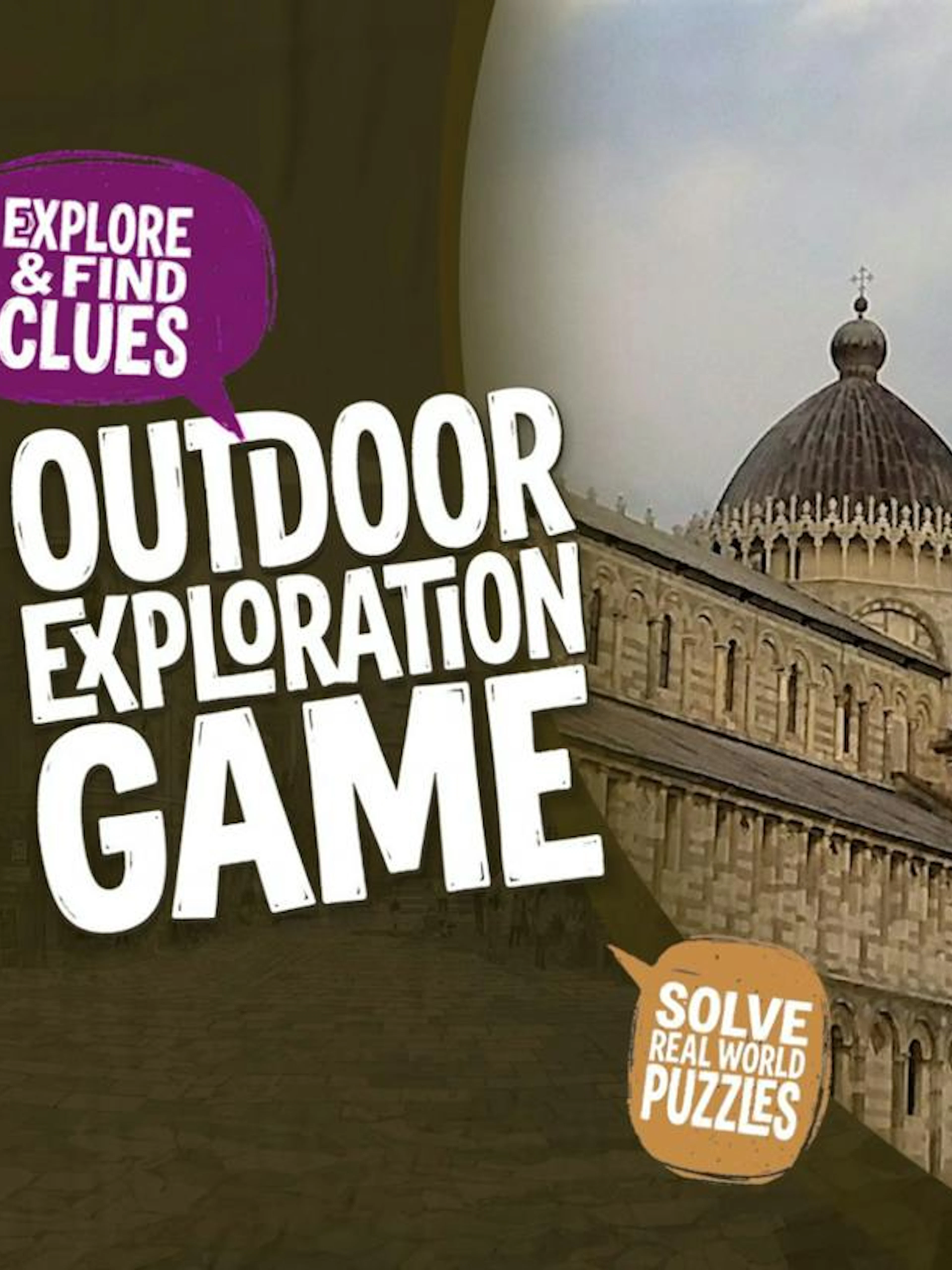 Pisa Cathedral with text promoting a self-guided city exploration game in Pisa.