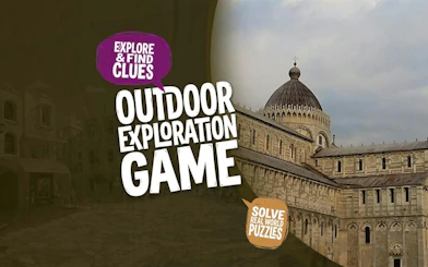 Pisa Cathedral with text promoting a self-guided city exploration game in Pisa.