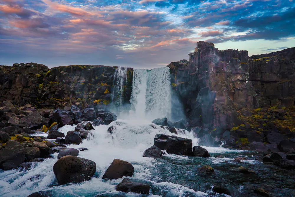 Waterfall at Þingvellir National Park, part of Golden Circle tour, Reykjavik.