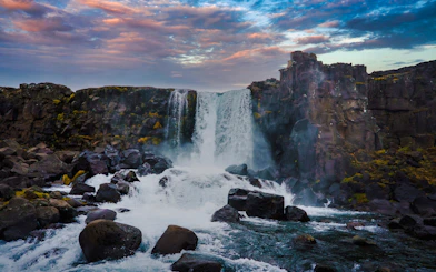 Waterfall at Þingvellir National Park, part of Golden Circle tour, Reykjavik.