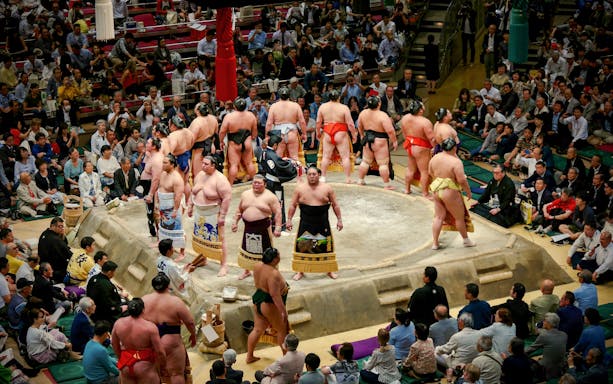 Sumo wrestlers prepare for a match in a crowded Japanese arena.