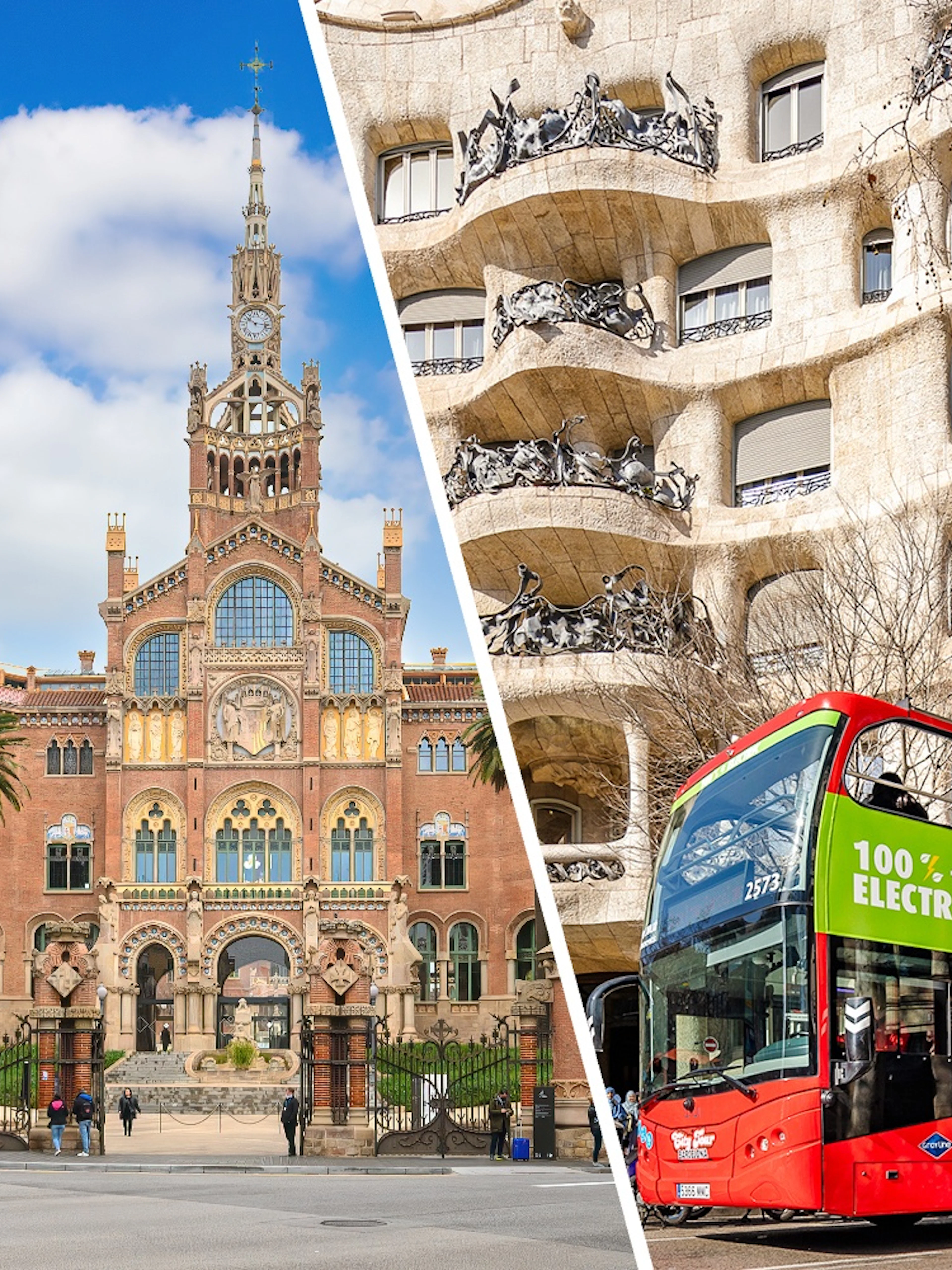 Hospital de la Santa Creu i Sant Pau and tour bus in Barcelona, Spain.