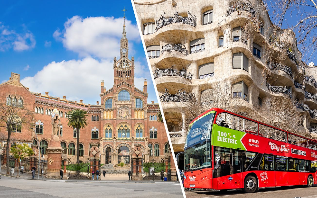 Hospital de la Santa Creu i Sant Pau and tour bus in Barcelona, Spain.