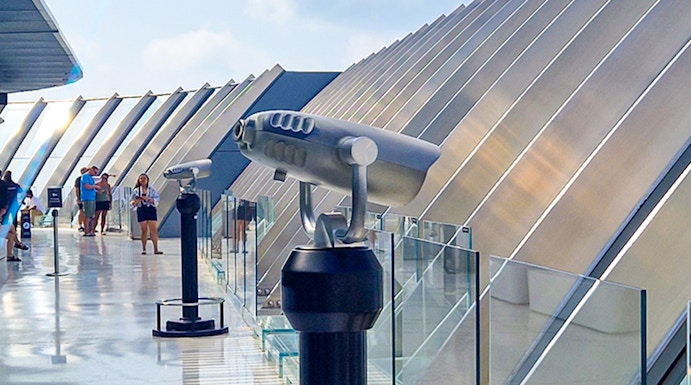 Observation deck with telescopes overlooking Palm Jumeirah, Dubai.