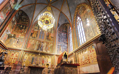 St Wenceslas Chapel interior with ornate frescoes and chandelier, Saint Vitus Cathedral, Prague.