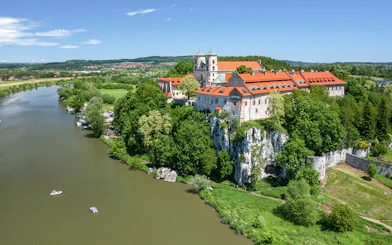 Tyniec Abbey overlooking the Vistula River near Krakow, Poland, seen from a sightseeing cruise.