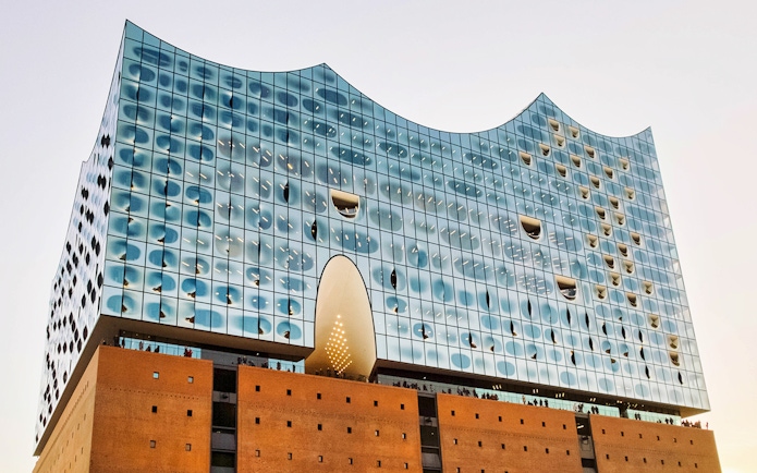 Elbphilharmonie Hamburg exterior with modern glass facade.