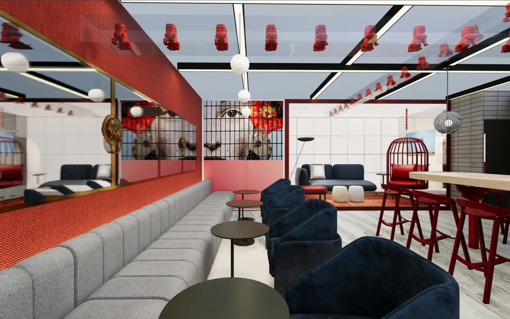 Seating area with modern decor at Barcelo Lounge, Beijing Capital International Airport.
