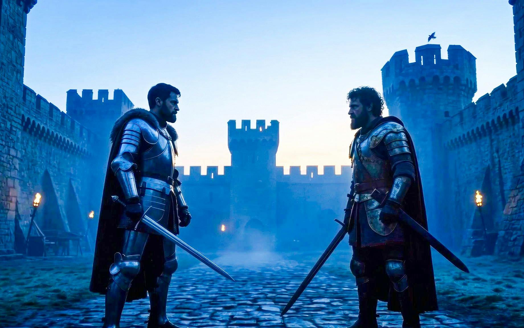 Knights in armor stand in a medieval courtyard during Prague Castle Time Travel Tour.
