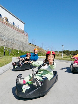 Children enjoying a luge ride at Skyline Luge Busan, South Korea.