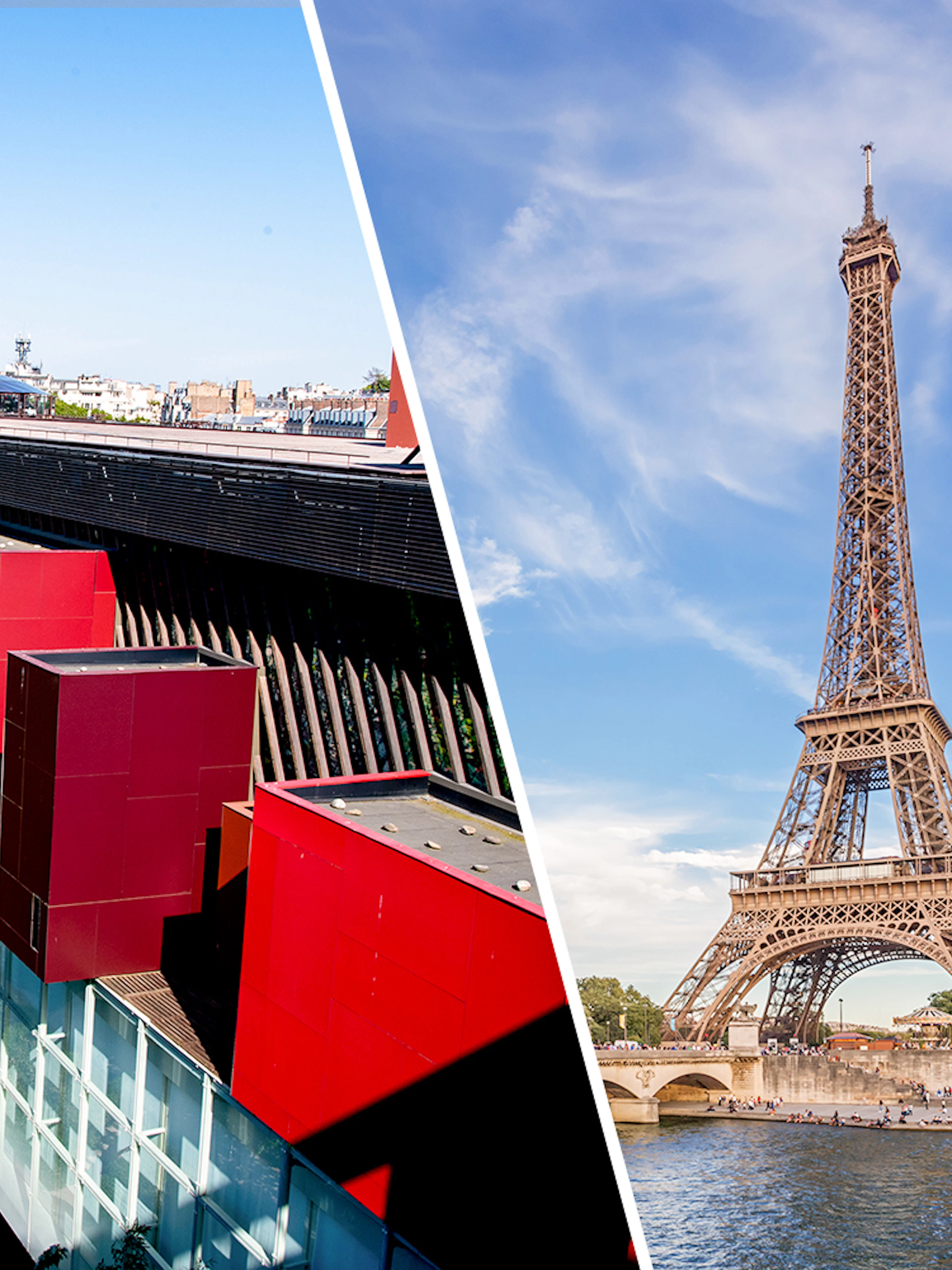 Colorful modern building next to Eiffel Tower in Paris, France.