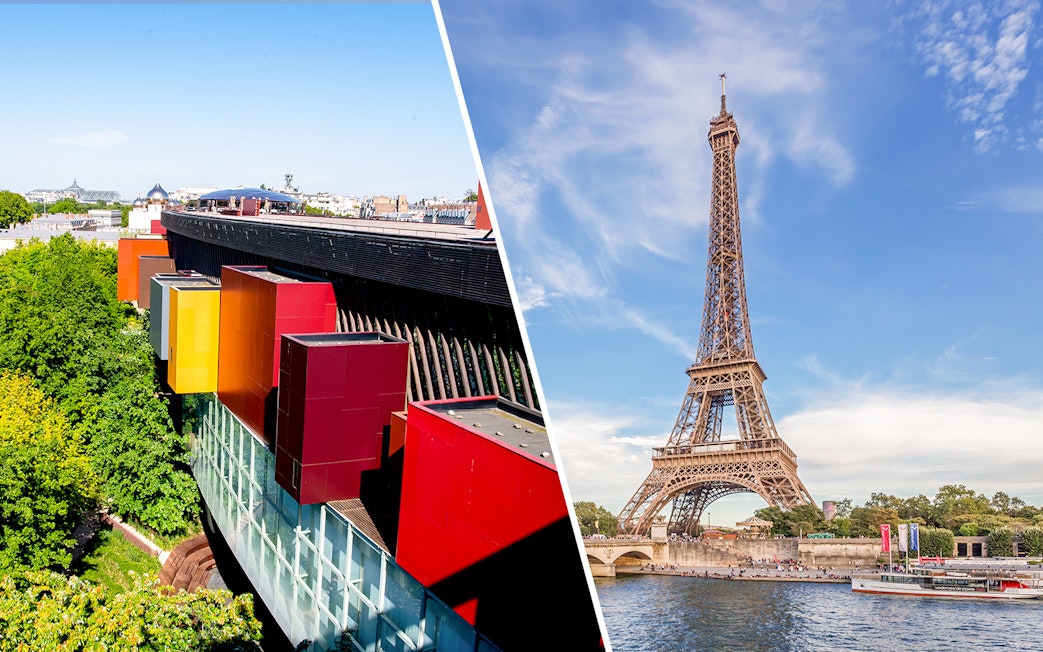 Colorful modern building next to Eiffel Tower in Paris, France.