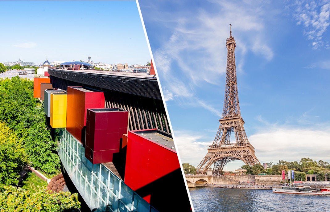 Colorful modern building next to Eiffel Tower in Paris, France.