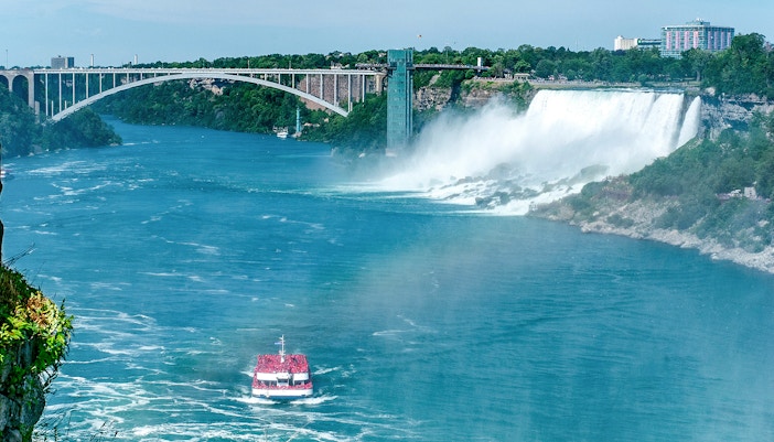 Voyage to the Falls boat tour approaching Niagara Falls, Ontario, Canada.