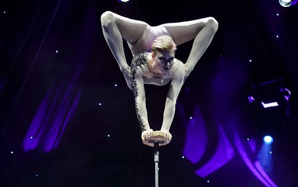 Acrobat performing handstand at Woodstock Variety Show with purple stage lights.