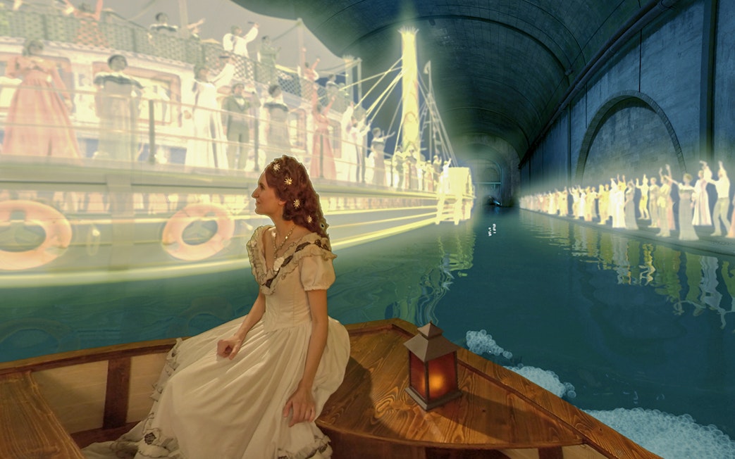 Guests in a boat viewing virtual reality exhibits of Empress Sisi's era.