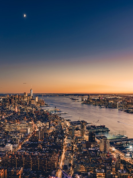 New York City skyline at sunset from Edge Observation Deck, overlooking the Hudson River.