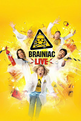 Performers in lab coats with explosive effects for Brainiac Live show