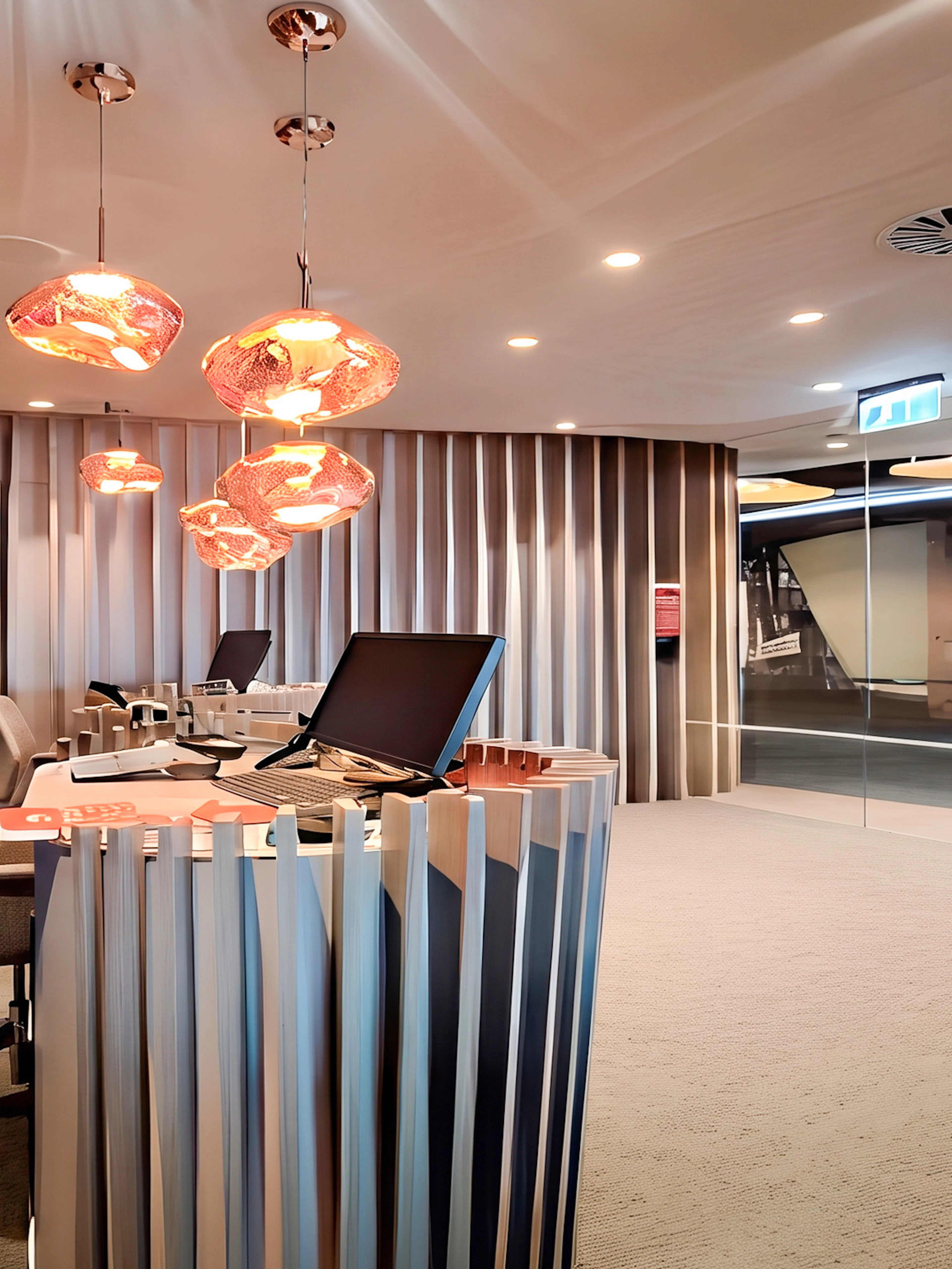 ANA Lounge reception area at Lisbon Airport with modern decor and seating.