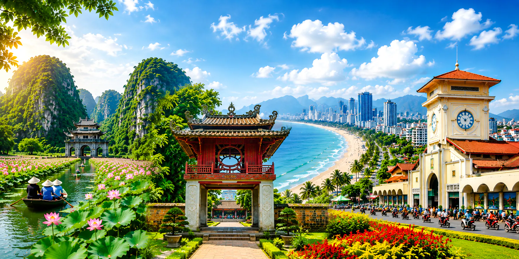 Hanoi skyline with traditional gate, beach, and clock tower, highlighting Vietnam 5G Tourist eSIM access.