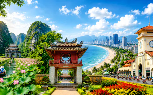 Hanoi skyline with traditional gate, beach, and clock tower, highlighting Vietnam 5G Tourist eSIM access.
