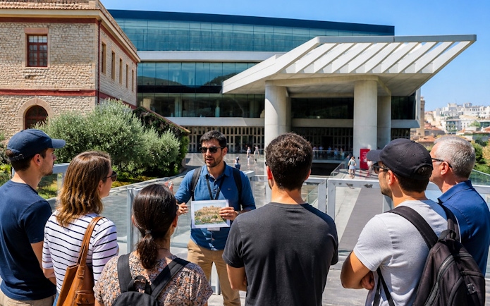 Tour group with guide outside Acropolis Museum, Athens.