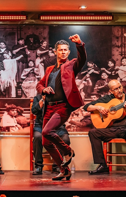 Flamenco dancer performing with guitarist and singer in a vibrant show setting.