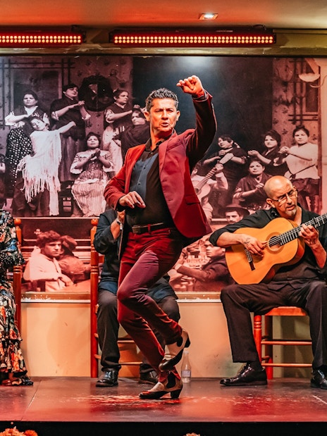 Flamenco dancer performing with guitarist and singer in a vibrant show setting.