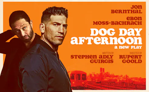 Dog Day Afternoon Broadway show poster with actors and cityscape background