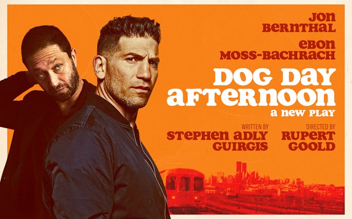 Dog Day Afternoon Broadway show poster with actors and cityscape background