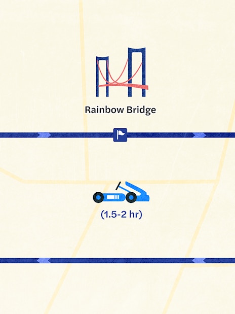 Tokyo Bay go-kart route map featuring Tokyo Tower, Rainbow Bridge, and Odaiba landmarks.